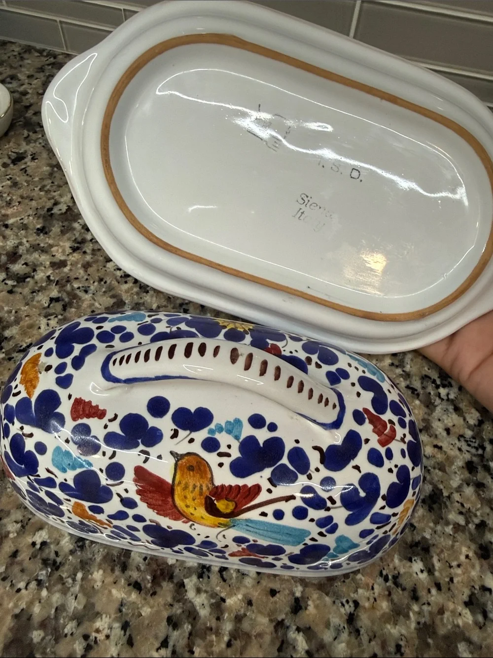 Hand-Painted Ceramic Butter Dish in White with Blue and Multicolor Bird Design
